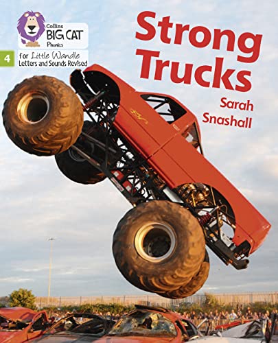 A red monster truck jumps over crushed cars under a blue sky.