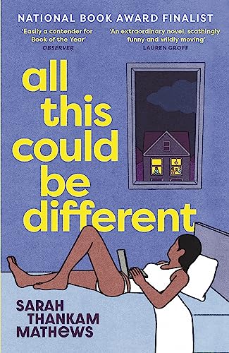 Book cover: woman reading, illustrated house in window, bold yellow text.