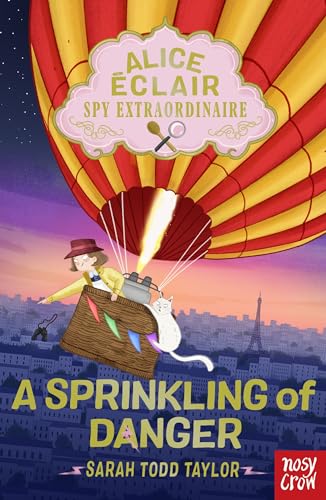 Book cover: girl in a hot air balloon with a cat and spy tools.