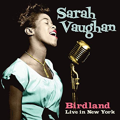 Sarah Vaughan album cover featuring a vintage microphone and portrait.