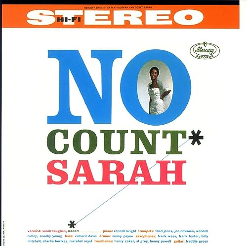 Album cover for Sarah Vaughan’s “No Count Sarah” with portrait inside a letter “O”.