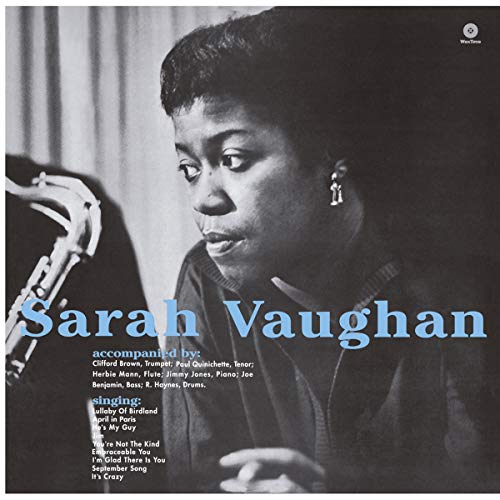 Black and white portrait of Sarah Vaughan with text listing musicians and track titles.