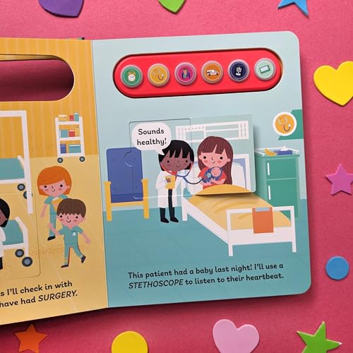 Children’s book page showing a doctor examining a baby patient.
