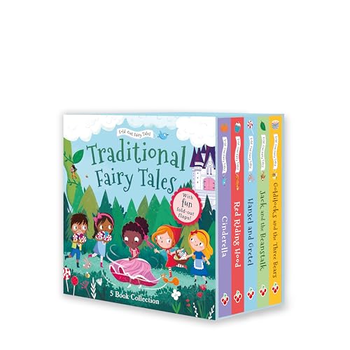 A boxed set of five illustrated children's fairy tale books standing side by side.