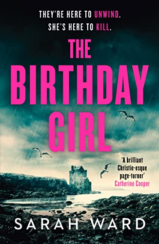 Book cover: “The Birthday Girl” with a castle, stormy sky, and birds.