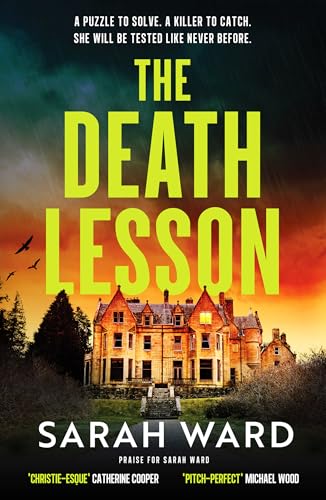 Book cover: “The Death Lesson” with a large house and dark, stormy sky.