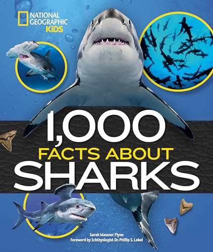 Book cover titled 1,000 Facts About Sharks featuring various shark images on blue background.