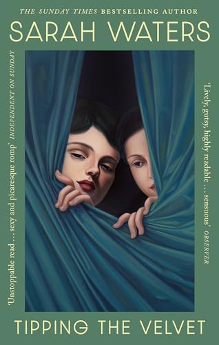 Book cover: two women partially hidden behind blue velvet curtains.