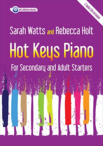 Purple piano tutorial book cover with colorful painted keyboard keys.