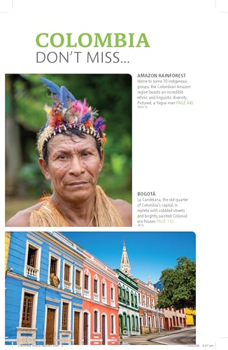 A Yagua man in a feathered headdress above colorful colonial buildings in Bogota.