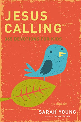 Red book cover with a blue bird and text “Jesus Calling: 365 Devotions for Kids.”