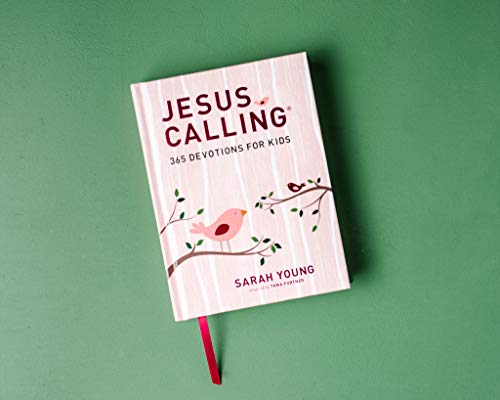 Pink devotional book, "Jesus Calling" for kids, with bird illustration.