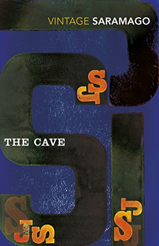Book cover for The Cave by Saramago featuring abstract black shapes on blue background.