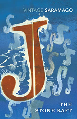 Book cover for "The Stone Raft" with abstract blue and orange lettering.