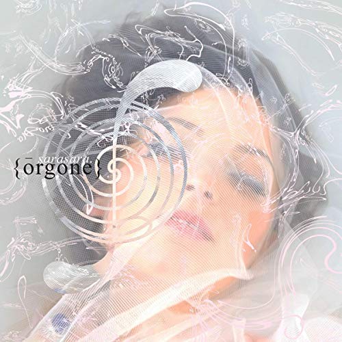 Woman's face overlaid with white swirling lines and text reading sarasara orgone.