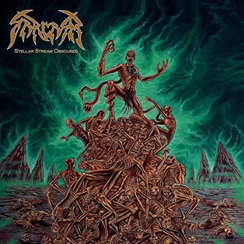 Dark album cover with skeletal figures amidst a swirling green landscape.