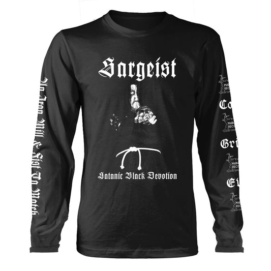 Black long-sleeve shirt with gothic text and demonic imagery.