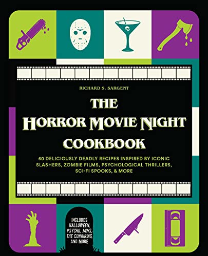 Cookbook cover with horror movie imagery: chainsaw, mask, cocktail, hand, knife.