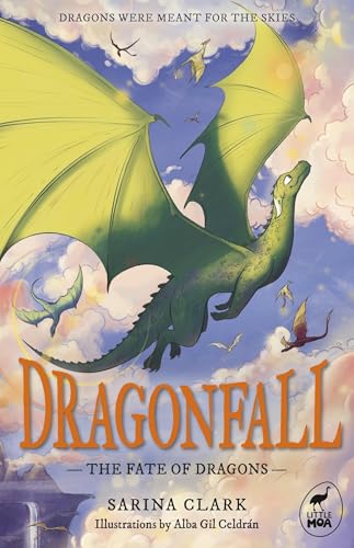 Green dragon flying amongst clouds, book cover for "Dragonfall" by Sarina Clark.