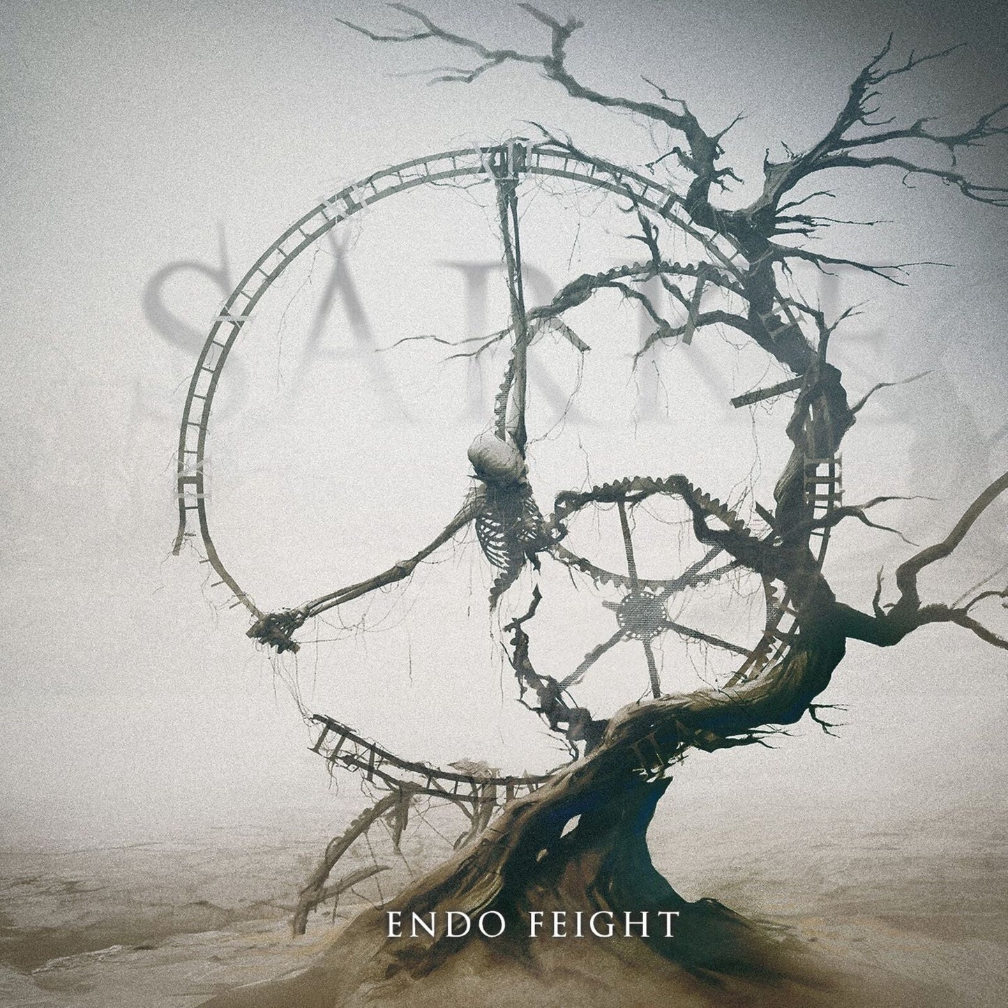 CD cover: skeletal figure hanging within a clockwork tree.