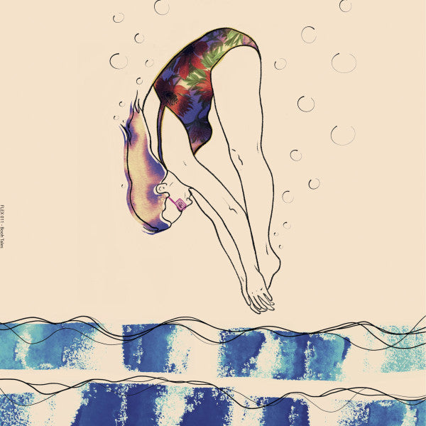 Line drawing of a diver entering blue water with bubbles above.