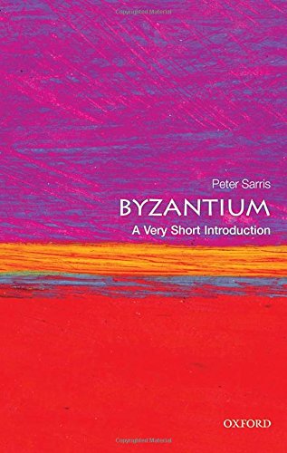 Book cover: "Byzantium: A Very Short Introduction" with abstract pink and red design.