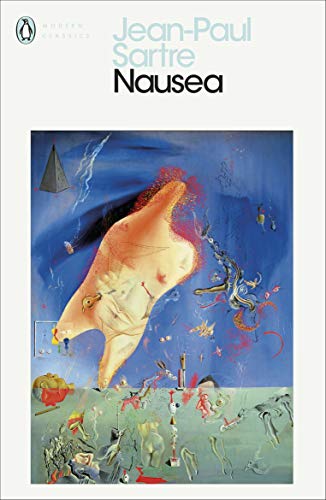 Book cover for "Nausea" by Jean-Paul Sartre with abstract, surrealist art.