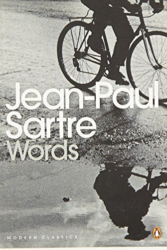 Book cover for Words by Jean-Paul Sartre featuring a cyclist reflected in a puddle.