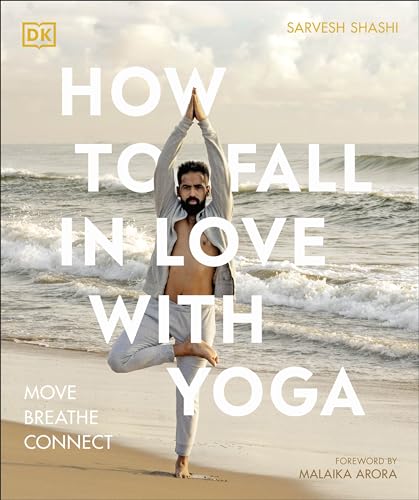 Book cover: man in yoga pose on a beach, titled "How to Fall in Love with Yoga".