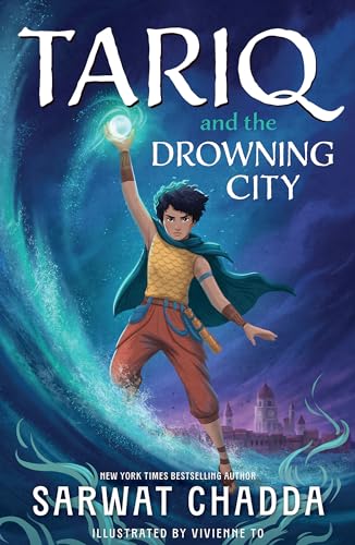 Boy with glowing orb, facing a distant, submerged city.