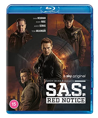Blu-ray cover for "SAS: Red Notice" featuring Sam Heughan and Ruby Rose.