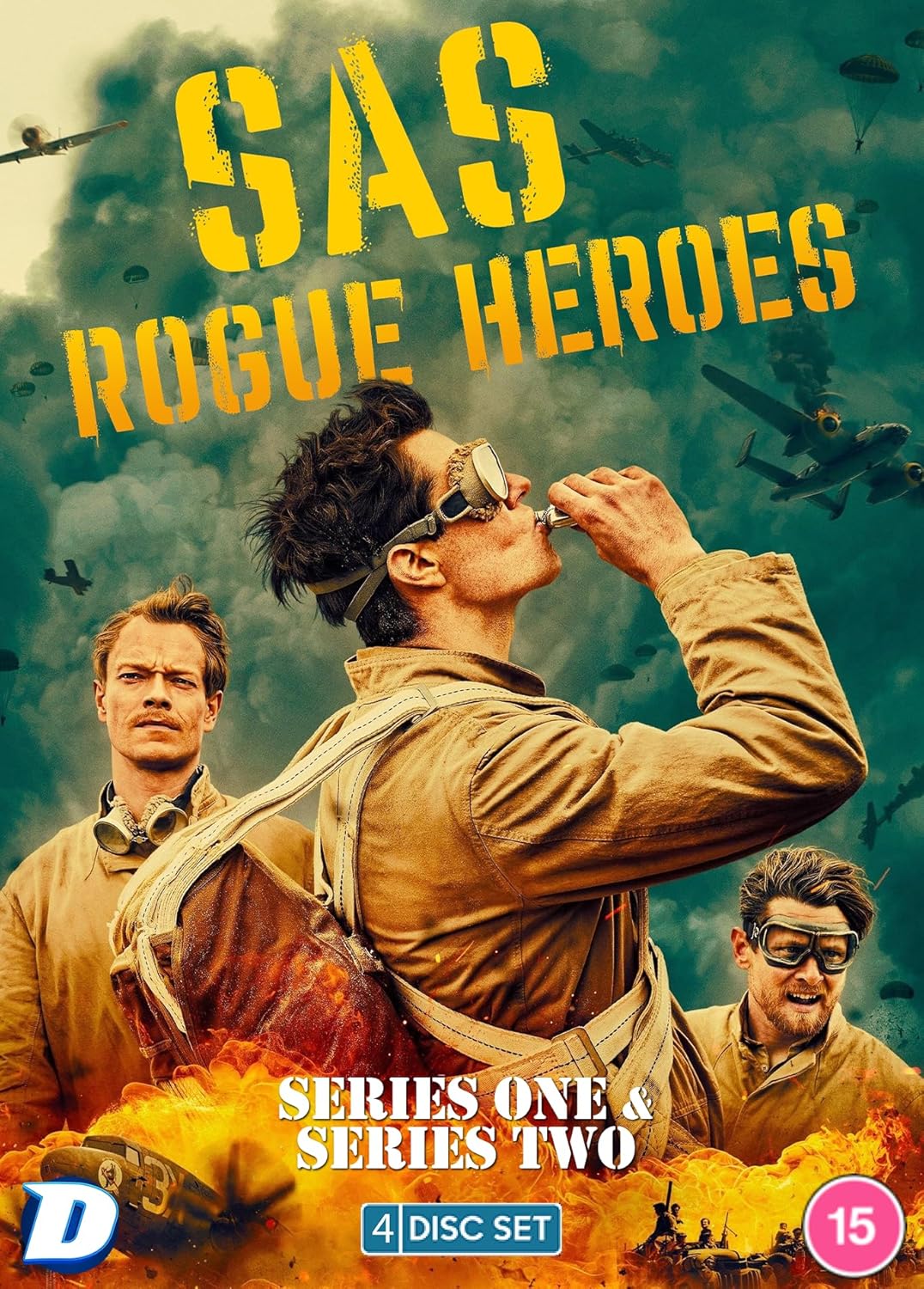 DVD cover art for SAS Rogue Heroes featuring three soldiers against a war background.