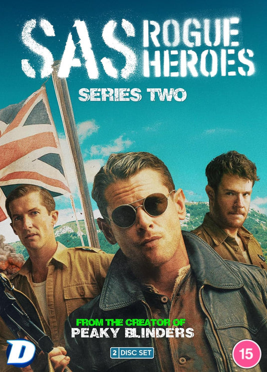 DVD cover for SAS Rogue Heroes Series Two featuring three men and a flag.