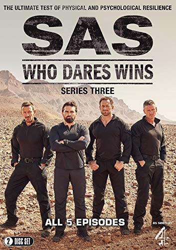 DVD cover for SAS Who Dares Wins Series 3 featuring four men in desert.