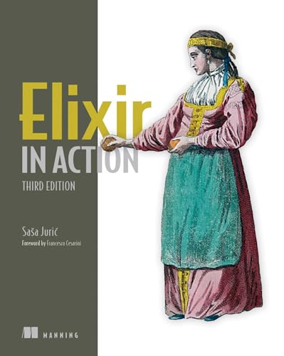 Book cover for Elixir in Action featuring a vintage illustration of a woman.