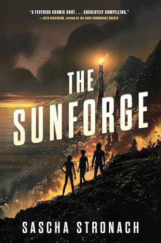 Book cover: three figures overlook a futuristic, mountainous cityscape.
