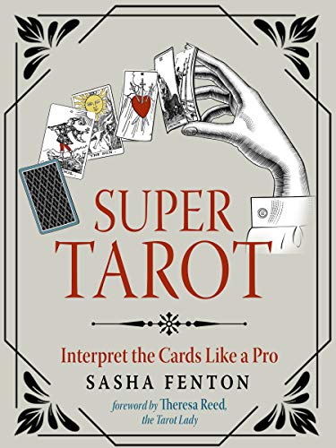 Book cover with tarot cards held in a hand, titled "Super Tarot.