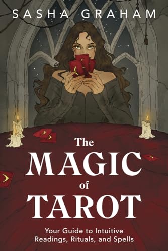 Book cover: woman holding tarot cards, ornate gothic background, red text.