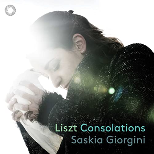 Close-up of Saskia Giorgini with hands clasped, album title "Liszt Consolations".