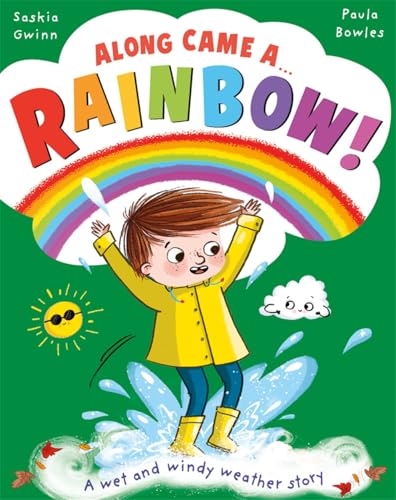 Child in yellow raincoat jumps in puddles under a rainbow.
