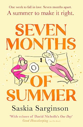 Book cover: "Seven Months of Summer" with illustrated couple on a rooftop.