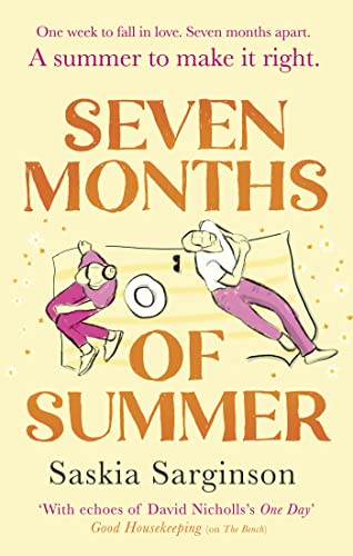 Book cover: "Seven Months of Summer" with illustration of couple on beach.