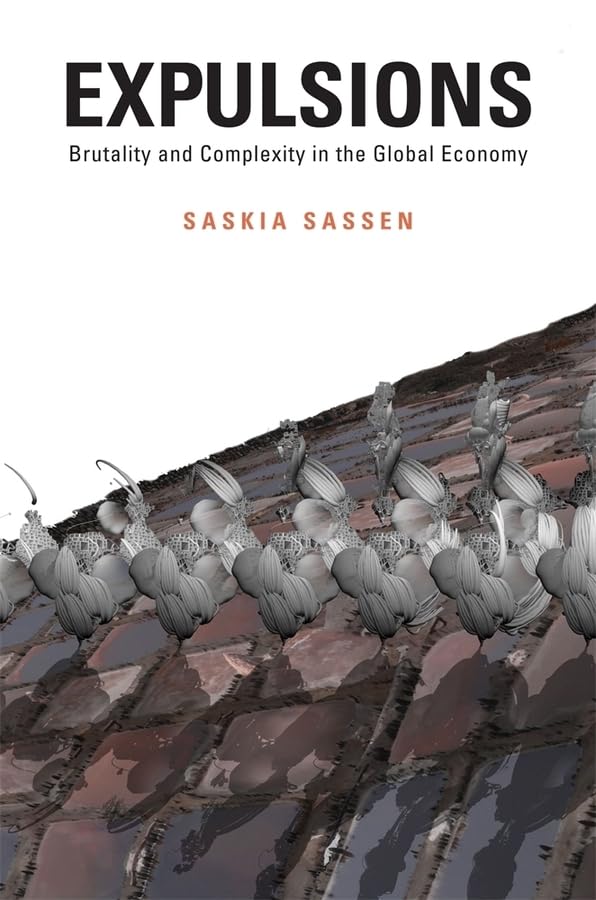 Book cover for Expulsions by Saskia Sassen featuring abstract, repeating gray forms on brown.