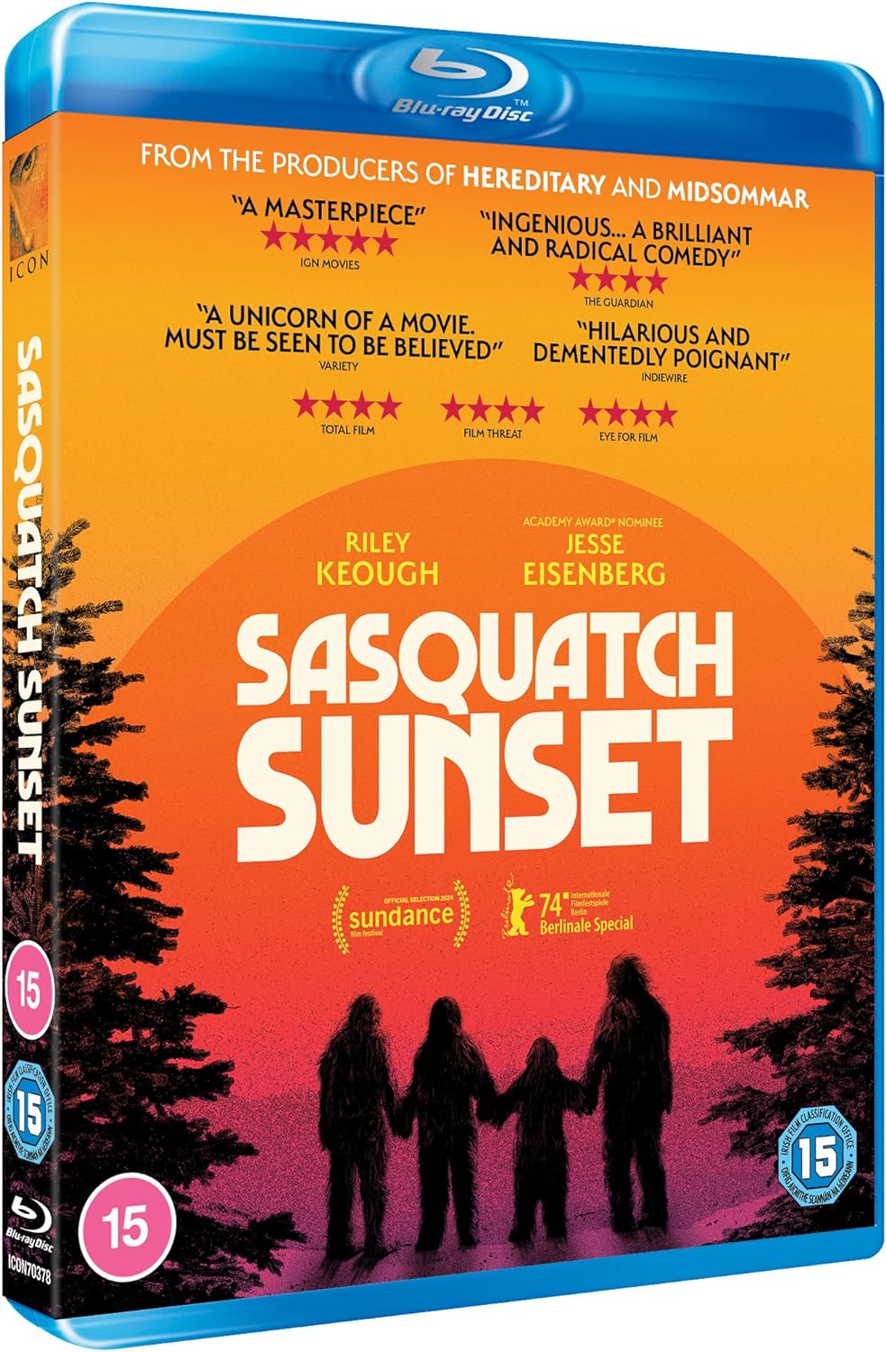 Blu-ray case for “Sasquatch Sunset” featuring silhouetted figures against a sunset.