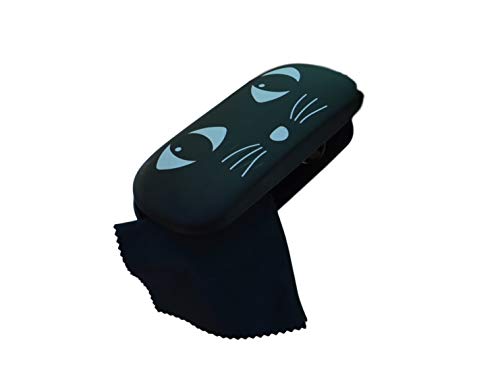 Black glasses case with a cat face design and a black cleaning cloth.