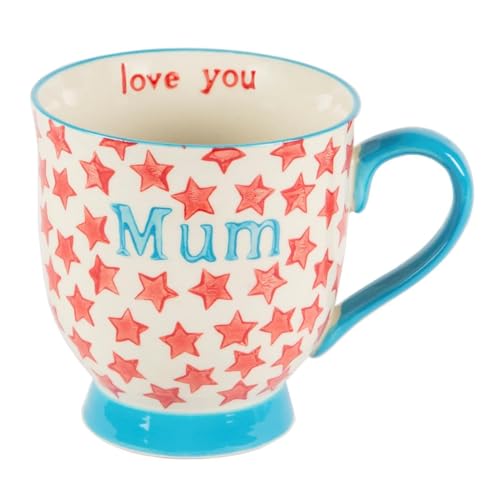 Ceramic mug with red stars, blue handle, and “Mum” and “I love you” text.
