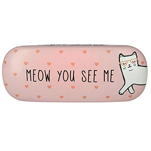 Pink glasses case with small hearts, a cartoon cat wearing glasses, and text.