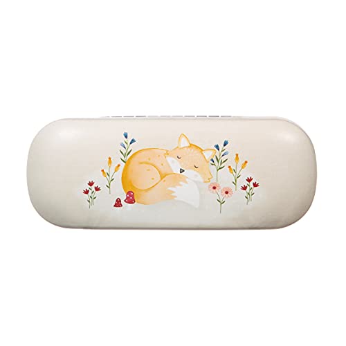 Beige glasses case with illustrated sleeping fox and wildflowers.