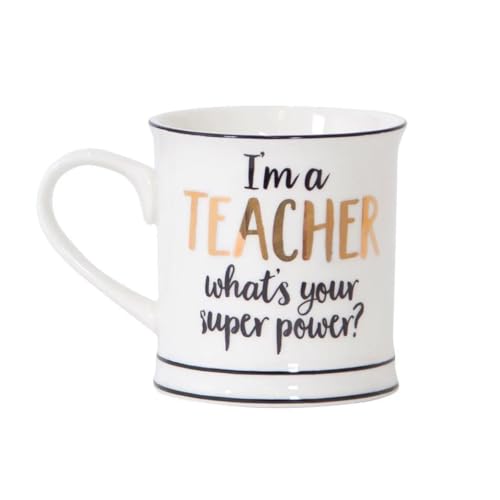White ceramic mug with black and gold text reading "I'm a Teacher what's your superpower?".