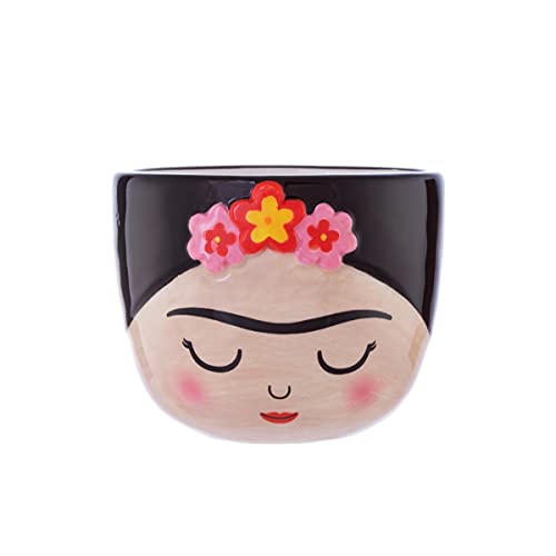 Ceramic planter shaped like Frida Kahlo’s face with floral headpiece.